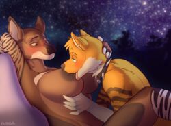 armpits big_breasts blush breast_sucking breasts campfire camping canine collar duo embarrassed female fire forest fox intimate junga male mammal moonlight nature night nipple_suck okapi piercing space star sucking tree