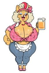 absurd_res accessory alcohol apron areola areola_slip bartender beer beverage big_breasts blonde_hair bottomwear breasts canid canine canis clothing curled_tail denim denim_bottomwear denim_clothing domestic_dog elderly fan_character female flannel_shirt footwear fur generation_10_pokemon hair headband hi_res high_heels huge_breasts humanoid jeans lulu_(ms) makeup mammal mystiqueskulls navel nintendo orange_body orange_fur pants pokemon pokemon_(species) pokemon_ww pokemorph pombon pomeranian pomken sagging_breasts shoes solo spitz tail thick_thighs vein veiny_breasts wrinkles