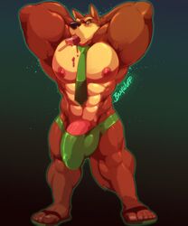 1boy 5_toes abs animal_genitalia anthro armpit_hair armpits bamwuff barefoot belly biceps big_biceps big_penis black_nose blush brown_hair bulge canine clothed clothing cursedmarked dripping flexing food front_view furry getfur green_eyes green_underwear hair hi_res huge_cock humanoid_penis looking_at_viewer male male_only mammal manly mature_male muscular muscular_male necktie nipples nude partially_retracted_foreskin pecs penis popsicle pose saddles simple_background solo standing thick_penis thong toes topless uncut underwear vein veiny_penis