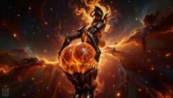ai_assisted ai_generated armor armored_female ass ass_focus big_ass big_breasts breasts cosmic_background ember_(warframe) ember_heirloom_(warframe) female fire flames glowing_body glowing_skin highres huge_ass nipples orange_body orange_skin patreon presenting_ass space tripleize wallpaper warframe watermark