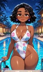 ai-created ai_art ai_generated black_hair curvaceous curvy curvy_figure disney encanto female female_only glasses houseofwaifu mirabel_madrigal pool poolside short_hair swimming_pool swimsuit swimwear thick thick_hips thick_legs thick_thighs