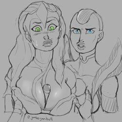 2d 2girls angry bald big_breasts blue_eyes blush cetrion crown goddess green_eyes hands_on_breasts jumbogumbo kronika long_hair looking_at_viewer mortal_kombat mortal_kombat_11 mother_and_daughter multiple_girls outercourse paizuri partial_male penis_between_breasts