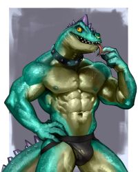abs anthro black_clothing black_jockstrap black_underwear bodily_fluids bulge clothing collar dagantfus dagantfus_(artist) facial_piercing forked_tongue front_view goat_(movie) green_body green_scales head_spikes hi_res jockstrap komodo_dragon lip_piercing lizard male masculine modo_olachenko monitor_lizard muscular muscular_anthro muscular_male pecs piercing reptile saliva scales scalie sharp_teeth shirtless_anthro shirtless_male solo sony_corporation sony_pictures spiked_tail spikes spikes_(anatomy) standing tail teeth tongue tongue_out torn_clothing torn_jockstrap torn_underwear underwear yellow_eyes