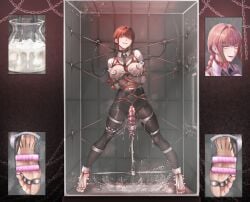 barefoot belt bondage bound chainsaw_man code:074 collarbone dildo egg_vibrator female highres lactation long_hair looking_at_viewer makima_(chainsaw_man) milking_machine open_mouth ponytail red_eyes red_hair restrained sex_toy skirt smile soles solo toes vibrator