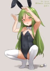 1girl absurdres anal_tail animal_ears armpits black_leotard blush bow bowtie breasts butt_plug commentary_request covered_navel crescent crescent_hair_ornament dated detached_collar double-parted_bangs embarrassed fake_animal_ears fake_tail frown green_eyes green_hair grey_background hair_between_eyes hair_ornament haruno_plum highres kantai_collection leotard long_hair lube nagatsuki_(kancolle) one-hour_drawing_challenge open_mouth playboy_bunny rabbit_ears rabbit_pose rabbit_tail sex_toy shadow sidelocks simple_background small_breasts solo spread_legs squatting strapless strapless_leotard sweat tail tearing_up thighhighs twitter_username very_long_hair white_bow white_bowtie white_thighhighs