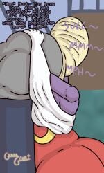 1girls 2d anon ass_eating ass_focus ass_out aurelia_(guavagrunt) bed bedroom beehive_hairdo bent_over big_ass big_breasts blonde_hair clothed clothed_female dialogue door dress eating_ass english_text face_in_ass face_to_ass female female_rimming_male gloves grey_body guavagrunt handjob hidden_face holding_ass huge_ass huge_breasts jynx nude on_knees pokemon purple_body red_dress rimming sfx speech text thick_thighs thighs wall writing