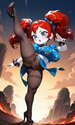 1female 1girls ai_generated big_breasts blue_eyes blush breasts cameltoe chun-li_(cosplay) clouds cosplay curly_hair dynamic_angle dynamic_pose female female_focus female_only fighting_stance freckles freckles_on_face high_heels kick kicking leg_up pantyhose pixai poppy_(poppy_playtime) poppy_playtime pussy red_hair red_lipstick shortstack solo solo_female solo_focus spiked_bracelet street_fighter sunset tagme thick_thighs thighs twintails urikoito vagina white_skin
