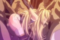 :>= ahoge animated bare_shoulders blonde_hair blue_eyes breasts censored deepthroat long_hair mashou_no_nie mashou_no_nie_3 mireille_von_austria multiple_boys murakami_teruaki oral rape spitroast straight throat_fuck vaginal_penetration