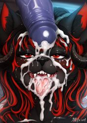 2025 anthro artist_name black_body black_fur black_hair bodily_fluids canid canid_demon canine cum cum_in_mouth cum_inside cum_on_face cum_on_tongue demon ejaculation female female_anthro fur genital_fluids genitals hair headshot_portrait hellhound hi_res highlights_(coloring) horn iggy_(kingignis) inner_ear_fluff leaking_cum mammal mifa mythological_canine mythological_creature mythology penis penis_on_head pink_penis portrait red_eyes red_highlights signature succubus sweat teeth text tongue tongue_out tuft vein veiny_penis