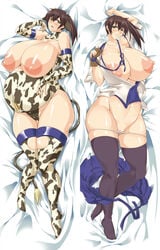 animal_ears areolae arm_up bare_shoulders bed_sheet big_belly black_legwear blue_skirt blush breasts bridal_gauntlets brown_gloves brown_hair clothing collarbone cow_ears cow_girl cow_horns cow_print cow_tail dakimakura elbow_gloves fake_animal_ears fake_horns fake_tail female fingerless_gloves full_body gloves hair_between_eyes hakama_skirt highres horns huge_breasts japanese_clothes jewelry kaga_(kantai_collection) kantai_collection knees_together_feet_apart large_areolae long_hair looking_at_viewer lying multiple_views navel_piercing nipples on_back open_mouth panties partly_fingerless_gloves piercing pregnant renges ribbon ring side_ponytail single_glove skirt skirt_removed solo tail tasuki thighhighs underwear wedding_band white_panties