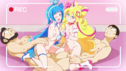 2boys 2girls :d age_difference aokaze_nana beard bisexual_female black_hair blonde_hair blue_bow blue_bowtie blue_gloves blue_hair blush boots bow bowtie breasts choker coat collarbone completely_nude cure_idol cure_wink detached_collar drill_hair facial_hair glasses gloves green_eyes group_sex hair_bun hair_ornament heart heart_hair_ornament hetero high_heel_boots high_heels highres hip_bones holding_hands interlocked_fingers jcm2 kimi_to_idol_precure leg_grab long_hair looking_at_viewer magical_girl medium_breasts multiple_boys multiple_girls navel nipples nude on_floor open_mouth pink_gloves precure pretty_cure purple_eyes recording red_choker sakura_uta_(precure) saliva saliva_trail sex smile torso_grab twin_drills uncensored very_long_hair wavy_hair white_coat