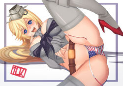 10hmugen american_flag american_flag_bikini blonde_hair blue_eyes breasts emmaai female grey_legwear headgear heart-shaped_pupils high_heels iowa_(kantai_collection) kantai_collection long_hair lying on_side panties solo symbol-shaped_pupils thighhighs tongue tongue_out underwear