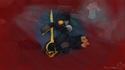 16:9 2026 3_fingers 3_toes anthro arm_scar arm_tuft begging big_eyes bioluminescence blood bodily_fluids canid canine casualties:unknown cavern chest_scar claws colored colored_blood crouching detailed_background dialogue digital_drawing_(artwork) digital_media_(artwork) digitigrade duffel_bag experiment_(scav_prototype) eyebrows facial_scar feet finger_claws fingers fluffy fluffy_tail forearm_scar fox fur glowing gore grey_body grey_fur gunsawian handpaw hi_res holding_blade holding_object horn hybrid landscape leg_scar low_light male mammal murid murine nixy-waffles open_mouth orange_body orange_eyes orange_fur orange_sclera orange_tongue pain paws pressure_plate pupils rat rodent scar scared scav_prototype self-harm_scars shaking shoulder_tuft small_pupils snout solo soot(nixy-waffles) spikes stab_wound tail tears teeth toe_claws toes tongue traumatized trembling tuft underground unusual_blood unusual_bodily_fluids white_body white_fur widescreen wince yellow_blood