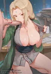 1boy 1girl 2026 ai_generated blonde_hair blush book breasts breasts_out brown_eyes cleavage collarbone cup erection facial_mark fellatio forehead_mark green_jacket grey_kimono handjob happi hetero highres indoors japanese_clothes kimono kneeling large_breasts long_hair looking_at_viewer low_twintails mature_female nail_polish naruto nipples nsfw one_breast_out open_clothes oral paper penis red_nails saliva sash serain short_kimono solo_focus thighs tsunade twintails uncensored v-shaped_eyebrows window