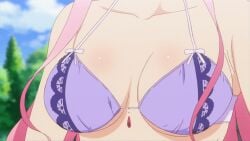 to_love-ru lala_satalin_deviluke 1girls ass bikini bouncing_breasts breast_squish cleavage demon_tail large_breasts pink_hair purple_bikini swimsuit tail wedgie animated animated_gif screencap screenshot
