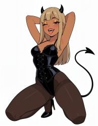 1girls ai_generated arched_back armpits arms_behind_back bangs blonde_hair brown_pantyhose corset dark-skinned_female demon_girl demon_horns demon_tail dirty_blonde_hair eyelashes eyeshadow fangs gold_eyeshadow gyaru high_heels high_resolution kneeling latina long_hair megazard narrow_waist one_eye_closed pantyhose petite red_lips red_lipstick seductive_smile small_breasts solo spread_legs succubus succubus_horns succubus_tail tan_body thick_thighs tongue tongue_out wide_hips