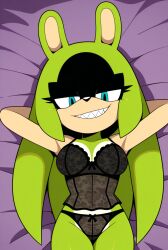 ai_generated black_lingerie laying_on_bed mobian_(species) sega sharp_teeth smirking sonic_(series) sonic_the_hedgehog_(series) surge_the_tenrec
