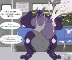 after_vore anthro bodily_fluids clothing cock_vore cum cum_on_ground cum_on_seat dialogue electronics english_text excessive_cum excessive_genital_fluids feet generation_6_pokemon genital_fluids genitals greninja hand_on_penis hi_res kiuhkobold looking_at_genitalia looking_at_penis male membrane_(anatomy) nintendo nipples onomatopoeia penile penis phone phone_call pokemon pokemon_(species) profanity purple_body purple_eyes purple_skin retracted_balls shirt sign signature solo sound_effects speech_bubble tank_top text toes tongue tongue_out topwear train underwear vehicle vein veiny_penis vore webbed_feet