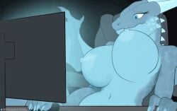 animated anthro big_breasts blue_body blue_breasts blue_eyes blue_hands blue_nipples breasts chair computer_monitor dim_lighting dragon european_mythology female frame_by_frame furniture hi_res horn huge_breasts inheritance_cycle membrane_(anatomy) membranous_wings meme mythological_creature mythological_scalie mythology navel nipple_fetish nipple_in_mouth nipple_play nipple_suck nipples quangdoann saphira scalie self_suckle solo sucking sucking_breasts_meme titty_sucking_method western_dragon wings
