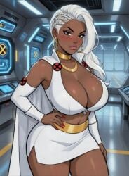 1girls african_female ai_generated big_breasts big_tits blackroga braids cape cleavage cornrows curvy dark-skinned_female female_focus marvel marvel_comics marvel_rivals melanin milf miniskirt ororo_munroe outfit sexy skirt solo storm_(marvel_rivals) storm_(x-men) thick_thighs voluptuous white_hair x-men