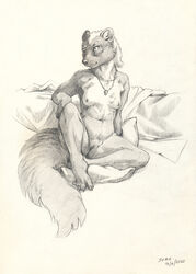 2020 anthro female hi_res mammal mustela mustelid musteline nude scale_(artist) sitting solo traditional_media_(artwork)