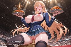 1girl ai_generated arena audience black_thighhighs blonde_hair blue_eyes blue_jacket blush breasts breasts_out cleavage crowd curvy drooling food fried_chicken garter_straps golden_trophy heart-shaped_pupils high_heels holding_tray huge_breasts indoors large_breasts long_hair looking_at_viewer nakiri_erina navel necktie_between_breasts nipples open_mouth plaid_skirt plate pleated_skirt red_necktie sailor_collar school_uniform shokugeki_no_souma sitting smile solo spicy_food spotlights spread_legs stadium steam sweat thick_thighs thighhighs tongue_out trophy villain_party69 wide_hips