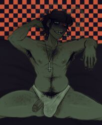 black_hair cigarette cigarette_in_mouth cigarette_smoke gorillaz green_skin green_skinned_male heterochromia looking_at_viewer male male_focus male_only murdoc_niccals penis penis_out sharp_teeth solo solo_focus solo_male underwear underwear_only upside_down_cross