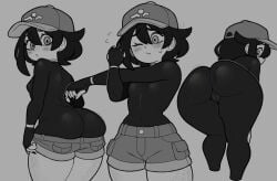 1girls ass bent_over big_ass black_and_white black_hair bodysuit bottom_heavy breasts bubble_butt cameltoe champchidi cross-arm_stretch fat_ass female female_only female_protagonist_(pokemon_ww) fingerless_gloves game_freak gloves gluteal_fold hat huge_ass large_ass looking_at_viewer looking_back monochrome nintendo pokemon pokemon_ww shorts small_breasts solo stretching thick_ass thick_thighs thunder_thighs wide_hips