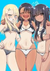 3girls :d alternate_eye_color alternate_hair_color alternate_skin_color artist_name ass_visible_through_thighs bespectacled bikini black_hair blonde_hair blue_background blue_eyes blush breasts cameltoe cleavage commentary curvy earclip embarrassed glasses grey_bikini grin hair_ornament hairclip hayase_nagatoro highres long_hair mao_bunny medium_breasts multiple_girls multiple_persona naughty_face navel oerba_yun_fang one-piece_tan please_don't_bully_me,_nagatoro side-by-side simple_background skin_fang smile spanish_commentary sweatdrop swimsuit tan tanlines teeth underboob white_bikini yellow_eyes