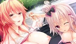 1boy 2girls ahoge blonde_hair blush breasts censored choco_chip cum cum_on_body cum_on_upper_body ejaculation ero_zemi game_cg hair_ribbon handjob large_breasts long_hair looking_at_viewer mosaic_censoring multiple_girls multiple_handjob nagaoka_satomi_(ero_zemi) narumi_kaede nipples one_eye_closed open_mouth orange_eyes orange_hair penis polka_dot_ribbon ponytail red_eyes ribbon sandals smile tied_hair twin_handjob