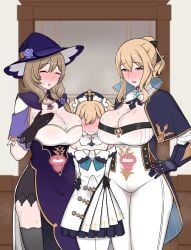 1futa 2girls absurdres after_paizuri after_sex arm_around_waist asymmetrical_hair barbara_(genshin_impact) black_capelet black_gloves black_legwear black_ribbon black_thighhighs blonde_hair blue_eyes blue_gemstone blush bodysuit breast_press breasts bulge capelet cleavage closed_eyes clothed clothing coattails commentary crotch_seam cum cum_filled cum_in_uterus cum_inside cum_on_body cum_on_breasts cum_plugged dress elbow_gloves erection erection_under_clothes feet_out_of_frame female flat_chest flower fully_clothed futa_with_female futanari gem genshin_impact gloves hair_flower hair_ornament hair_over_shoulder hair_ribbon hand_on_own_chest hand_on_own_hip hat hat_flower highres human incest indoors internal_cumshot intersex jean_gunnhildr large_breasts layered_skirt legs_together light-skinned_female light-skinned_futa light_brown_hair light_skin lisa_(genshin_impact) looking_at_viewer medium_hair multiple_females multiple_girls no_eyes open_mouth pantyhose pelvic_curtain penis penis_under_skirt pleated_skirt ponytail purple_dress purple_flower purple_hat purple_rose ribbon rose sailor_hat short_hair sidelocks skirt small_penis small_penis_futa smile souichi_19 standing sweat thighhighs tight_clothes uterus vision_(genshin_impact) white_bodysuit white_dress white_hat white_legwear white_pantyhose wide_hips witch_hat x-ray x-ray_view