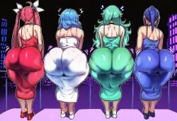 ai_generated ass_chart big_ass blue_hair date_a_live female female_only heels himekawa_yoshino ishimo itsuka_kotori kyouno_natsumi red_hair takamiya_mana take_your_pick thick_ass thick_hips thick_thighs tight_dress