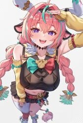 animal_ears aqua_bow aqua_hair aqua_streaks arm_up bandaid_on_thigh bare_shoulders black_skirt blush bow bowtie braid breasts commentary_request cow_ears cow_girl cow_horns cow_tail detached_sleeves ear_bell female female_only from_above genshin_impact hair_between_eyes hair_intakes hairband highres horn_ornament horns jewelry kadokadokado large_breasts long_hair looking_at_viewer low_twin_braids midriff multicolored_hairband multiple_rings navel open_mouth pleated_skirt purple_eyes red_bow ring salute simple_background single_thighhigh skirt smile socks solo standing tail teeth thighhighs thighs thumb_ring twin_braids two-tone_bow two-tone_bowtie upper_teeth_only varesa_(genshin_impact) white_background white_horns white_socks white_thighhighs yellow_sleeves