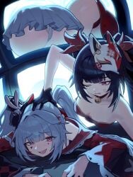 2girls anger_symbol angry ass big_ass black_hair blush brat clothed clothing collar distr fully_clothed glistening_ass hair_ornament hand_on_ass hat heart_marking honkai:_star_rail mask_on_head mole_under_eye ninra on_floor one_eye_closed panties red_panties shiny_ass smile smiling smug sparkle_(honkai:_star_rail) sparxie_(honkai:_star_rail) tagme television twintails white_hair white_panties
