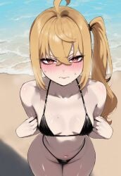 1girls ai_generated beach bikini blonde_hair blush breasts embarrassed female hips light-skinned_female light_skin looking_at_viewer luciana_de_montefio navel outside ponytail pov side_ponytail small_breasts sweat sweatdrop sweating swimsuit thick_thighs thighs truck-kun_art truck_kun wide_hips zenless_zone_zero
