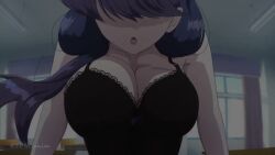 2d 2d_animation all_fours animated artist_name black_bra black_pantyhose blue_bow blush bouncing_breasts bow bow_bra bra breasts classroom commentary curtains desk female female_only hair_over_eyes indoors komi-san_wa_komyushou_desu komi_shouko lace-trimmed_bra lace_trim large_breasts looking_at_viewer medium_hair pantyhose purple_eyes school school_desk short_video shorter_than_30_seconds tagme thigh_gap underwear video window zenoanim