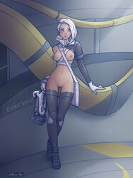 dirty_bomb female gun h1kar1ko reviver_gun solo sparks sparks_(dirty_bomb) tan weapon white_hair