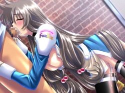 1boy 2000s_(style) arched_back bent_over black_thighhighs blush bottomless breasts brick_wall brown_hair censored character_request cleavage closed_eyes collared_dress cum cum_in_mouth cum_in_pussy cum_overflow cumdrip dress drooling dutch_angle employee_uniform fellatio female from_side game_cg hair_between_eyes large_breasts long_hair long_sleeves low-tied_long_hair low-tied_sidelocks lower_body mosaic_censoring nipples ogura_hiroko open_clothes open_dress oral penis private_room_2 profile puffy_long_sleeves puffy_sleeves raised_inner_eyebrows shirt short_dress sidelocks standing thighhighs thighs third-party_source very_long_hair white_shirt