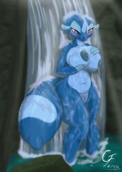 anthro big_breasts breast_play breasts digital_drawing_(artwork) digital_media_(artwork) english_description female game_freak gecqua generation_10_pokemon genitals hi_res miori nintendo nipples overlord_gabriel pokemon pokemon_(species) pokemon_ww reptile river scalie smile smiling_at_viewer solo vulva water waterfall waterfall_shower