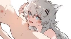 2girls animal_ears arknights aryamelati_xiv black_hair blush breasts completely_nude completely_nude_female fangs grey_hair hairpin head_between_legs holding_leg lappland_(arknights) nude nude_female pussy spread_legs spreading tagme thighs tongue tongue_out wolf_ears wolf_girl yuri