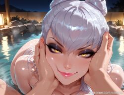 ai_generated evelynn evelynn_(league_of_legends) female from_above high_resolution highres k/da_all_out_evelynn k/da_all_out_series k/da_evelynn k/da_series kaistar league_of_legends looking_at_viewer male mature mature_female milf mommy onsen patreon pet petting pov towel yellow_eyes