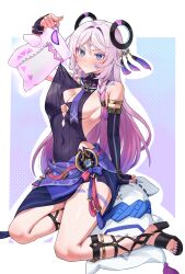 black_gloves black_leotard black_sandals blue_eyes blush breasts citlali_(genshin_impact) clothes_pull colored_tips covered_navel facial_mark female female_only fingerless_gloves floating_headgear forehead_mark genshin_impact gladiator_sandals gloves headgear highres kadokadokado leotard medium_breasts multicolored_hair pink_hair pink_pupils pout purple_sarong ring_hair_ornament sandals sarong sideboob sitting sleeve_belt solo triangle triangle_facial_mark yokozuwari
