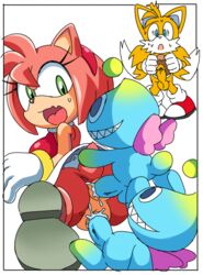 3boys amy_rose anal chao_(sonic) coolblue double_penetration exposed_torso female footwear handwear male penetration sonic_(series) tails vaginal_penetration