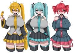 2026 3girls akita_neru bare_shoulders big_breasts blue_eyes blue_hair blush breasts clothed clothing color colored digital_media_(artwork) doubleuww1 dress fanloid female female_only hair hatsune_miku hatsune_miku_(original) hi_res huge_breasts kasane_teto kasane_teto_(sv) large_breasts light-skinned_female light_skin long_hair looking_at_viewer looking_away mouth_open multiple_girls open_mouth phone ponytail shirt simple_background skirt solo stomach sweat sweatdrop synthesizer_v thick_thighs thighs triple_baka_(vocaloid) utau vocaloid white_background yellow_eyes yellow_hair