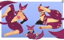 16:10 absurd_res adult_(lore) anthro anus areola ass biped breasts evolutionary_family female feral fur generation_5_pokemon genitals hi_res liepard multicolored_body nintendo nipples nude paws pokemon pokemon_(species) pupils purple_body purrloin quadruped red_felyne smile spread_legs spreading tail vilf vulva widescreen