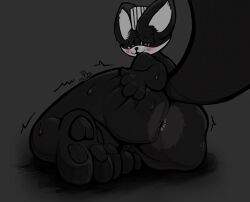 anthro anus backsack balls big_butt big_ears black_body blush blush_lines bodily_fluids butt butt_grab cel_shading digital_media_(artwork) femboy flakey_(character) fluffy fluffy_tail gay gay_anal genitals hand_on_butt homosexual homosexual_male looking_at_viewer looking_back lying male male/male male_focus male_only male_penetrated pawpads paws prayhold_(artist) presenting presenting_anus shaded shy signature simple_background smile solo sweat tail thick_thighs toony