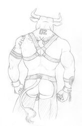 1boy anthro ass backsack balls bovine cattle faceless_male fist greyscale harness horn male male_only mammal monochrome muscular_male neverwolf pencil_(artwork) rear_view shackles solo standing tattoo traditional_media_(artwork)