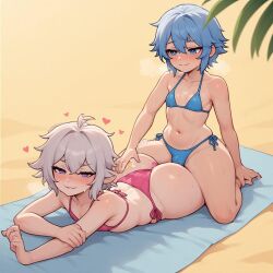 1boy adorable ai_generated applying_sunscreen beach_day best_quality bikini blue_bikini blue_eyes blue_hair blush couple crossdressing cute detailed_background duo erection explicit female femboy feminine_male girly_boy grey_hair heart heart-shaped_pupils highres kawaii large_penis looking_at_viewer lying_on_front masterpiece on_beach original_character otoko_no_ko outdoor palm_trees paocomq penis pink_bikini precum romantic sand short_hair sil_pol sunscreen testicles towel trap uncensored zoe_pol