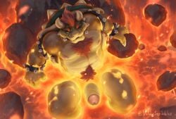 1boy 2_horns anthro areola armband bath bathing black_armband black_collar bowser bracelet chest_tuft claws collar embers eyebrows fangs furry furry_male furry_only genitals glans green_shell hair hi_res horn hot_spring jewelry koopa lava looking_at_viewer male male_nipples male_only mario_(series) muscular muscular_anthro muscular_male navel nintendo nipples nude nude_anthro nude_male orange_body pecs penis pubes red_pubes relaxing reptile rock scales shell solo solo_male spiked_armband spiked_bracelet spiked_collar spikes spread_legs spreading teeth tuft volcano voldyscribbles water yellow_skin