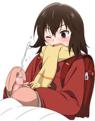 1boy 1girls backpack bag blush boku_dake_ga_inai_machi brown_eyes brown_hair censored clothes clothing coat commentary_request cum ejaculation erased_(anime) erection female foreskin gloved_handjob gloves handjob human jacket kayo_hinazuki light-skinned_female light-skinned_male light_skin male mittens one_eye_closed open_mouth penis randoseru scarf short_hair small_penis solo_focus straight sweat sweatdrop two-handed_handjob white_background wince yellow_scarf youkan young